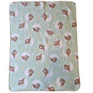 Baby Connection Fleece Blanket Green Teddy Bears Moon Stars Bedtime 30x38